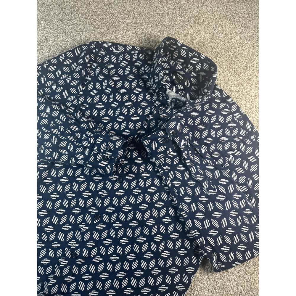 Express Slim 1MX Mens Button Down Shirt Navy Blue Geometric Diamond Print M